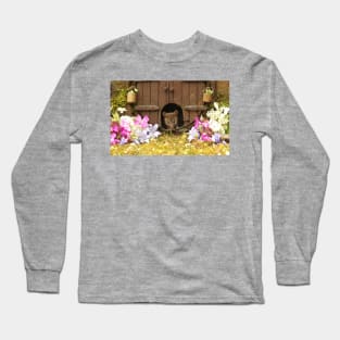 George the mouse in a log pile House spring flowers at the door Long Sleeve T-Shirt